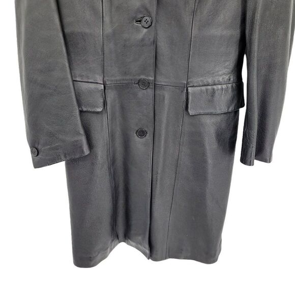 Vtg Trench Coat Faux Leather Wool Lined Longline Pockets Matrix Coplay Blk Sz S - Picture 8 of 11